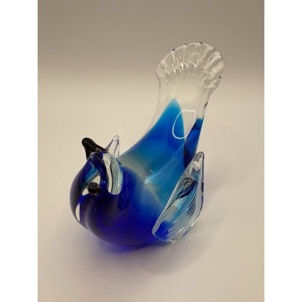 Hand-Blown Murano-Style Glass Blue & Clear Bird Figurine